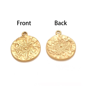 Golden stainless steel sunburst round pendant showing front and back views for jewelry DIY
