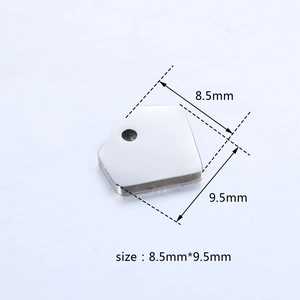 Detailed view of pentagon geometric stainless steel tag with size dimensions 8.5mm x 9.5mm