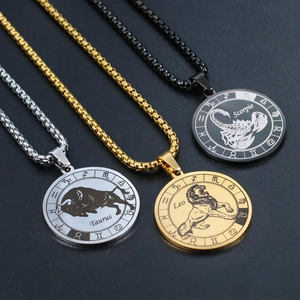 Collier Pendentif Rond 12 Signes du Zodiaque en Acier Inoxydable Vintage pour Hommes Or Argent Noir Bijoux Astrologiques