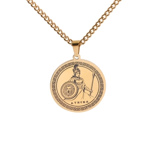 Golden Athena coin necklace featuring Greek mythology goddess and meander pattern border