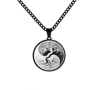 Poliertes Edelstahl Lebensbaum Yin Yang Anhänger Halskette mit schwarzer Metallkette