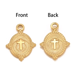 Front and back view of a vintage gold-plated stainless steel cross pendant for DIY jewelry