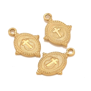 Detail of three vintage gold stainless steel cross pendants with radiating sunburst edges