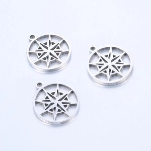 Detailed close-up of three stainless steel compass star pendants for DIY jewelry making