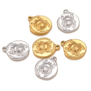 Vintage stainless steel scarab beetle pendants in gold and silver relief finishes