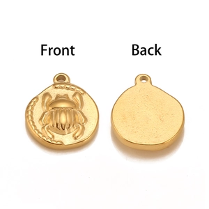 Vintage gold stainless steel scarab beetle pendant showing front and back views