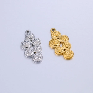 Detailed close-up of interlocking stainless steel circle pendants in gold and silver finish