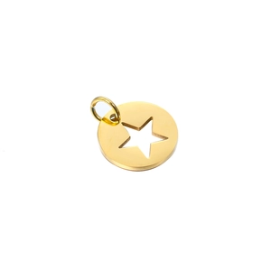 Colgante redondo de acero inoxidable dorado pulido con estrella calada para joyería artesanal