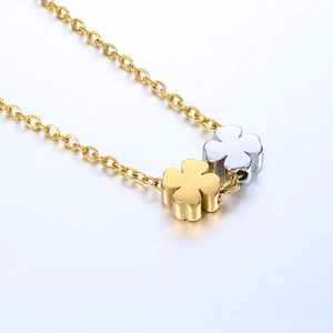 Polished stainless steel double four-leaf clover pendant necklace in gold and silver