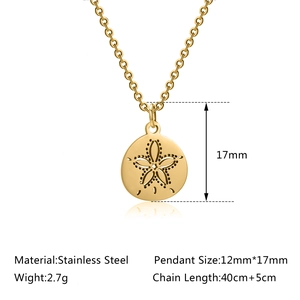 Gold stainless steel necklace featuring a hollow flower pendant with dimensions and specs