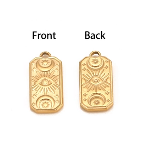 Rectangular gold stainless steel sun moon and evil eye charms shown from front and back