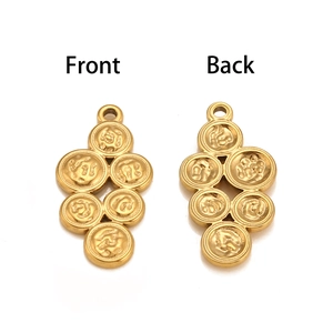 Front and back view of golden stainless steel geometric pendant with embossed round discs