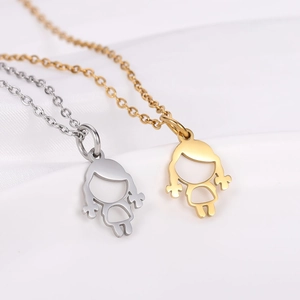 Chic stainless steel girl pendant necklaces in gold and silver finish on white silk