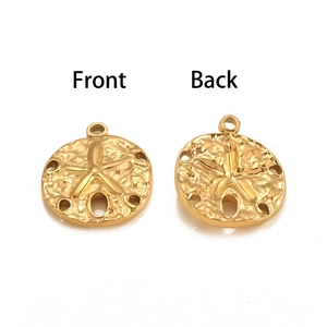 Golden sea biscuit pendants with starfish relief showing front and back view details