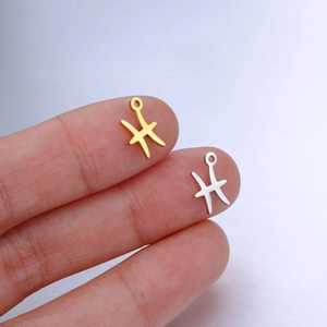 Close-up of gold and silver Pisces zodiac charms for DIY jewelry making held in hand