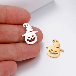 Stainless steel Halloween pumpkin pendant charms in gold and silver finish with witch hats