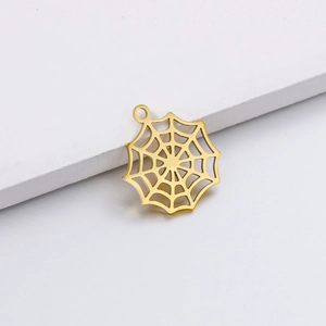 Detailed close-up of hollow spider web pendant in polished gold finish for jewelry DIY