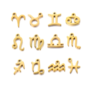 Polished stainless steel 12 zodiac charms in gold finish for DIY necklace jewelry