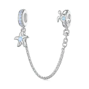 925 Sterling Silver Ocean Series Safety Chain Charm With Sea Turtle Starfish Blue Opal DIY Bracelet Jewelry Pendant