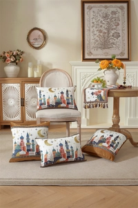 Detail of Middle East moon and castle pattern on woven pillow covers and table runner
