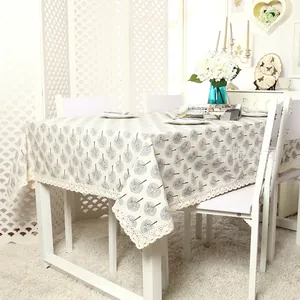 Modern minimalist apple tree print tablecloth with elegant crochet lace edge detail