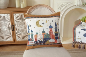 Close-up of jacquard cushion cover with moon and castle pattern for festive decor