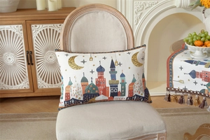 Detailed texture of polyester table runner with moon and star castle embroidery