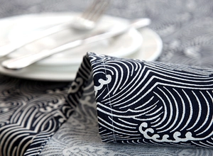 Close-up of Japanese wave pattern tablecloth featuring premium cotton linen texture