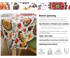 Detailed close-up of bohemian floral cotton canvas tablecloth with durable texture