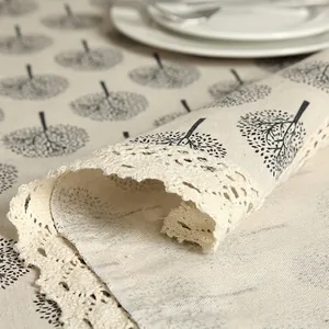 Modern linen cotton tablecloth with black tree patterns and lace trim for dining table