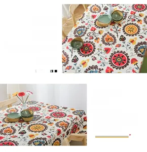 Detail of bohemian sunflower pattern tablecloth with thick cotton canvas texture