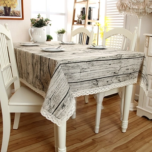 Pastoral rectangular tablecloth with grey wood grain pattern and white lace edging decor
