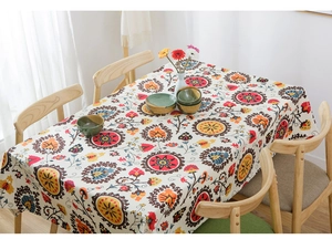 Detailed close-up of ethnic mandala sunflower pattern on heavy cotton canvas tablecloth