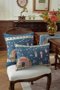 Close-up of jacquard table runner with mosque, stars and moon patterns in navy blue