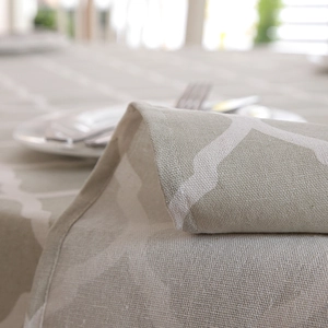 Close-up of grey geometric trellis tablecloth with thick cotton linen fabric texture