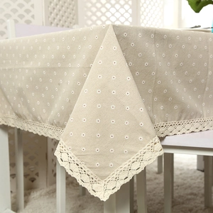 Pastoral Daisy Tablecloth Lace Edge Beige Polyester Cotton Rectangle Square Table Cover For Kitchen Dining Home Decor