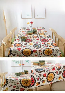 Macro detail of thick cotton sunflower tablecloth with ethnic mandala patterns