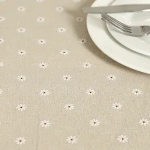 Linen style tablecloth with daisy print and lace trim for a rustic home decoration