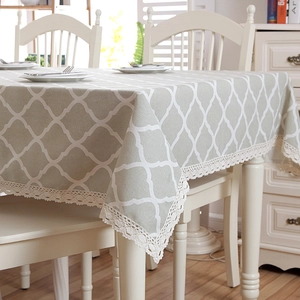 Modern grey geometric lattice tablecloth with white lace trim for dining room decor