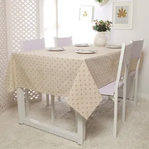 Linen rectangle tablecloth with small daisy print on beige cotton blend fabric