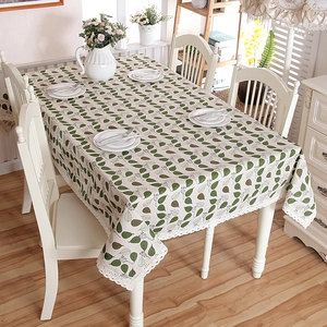 Pastoral style tablecloth with green leaf patterns and elegant white lace borders