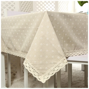 Beige daisy floral linen tablecloth with decorative white lace trim for dining tables