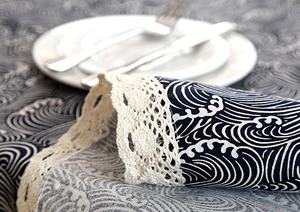 Detail of Japanese wave pattern fabric with elegant white lace crochet border decoration