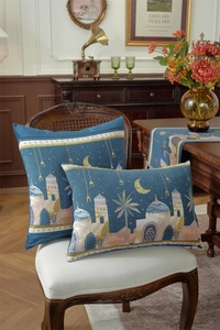 Close-up of jacquard table runner and cushions with Middle Eastern mosque embroidery