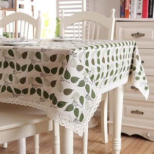 Pastoral green leaf cotton linen tablecloth with elegant white crochet lace border