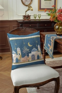 Close-up of jacquard tapestry pillowcase with Middle Eastern moon and castle pattern