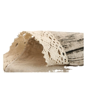 Linen table runner with rustic wood grain print and vintage white lace trim details