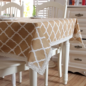 Modern khaki tablecloth with white geometric pattern and elegant lace edges for dining tables