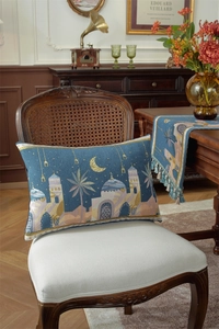 Detail view of jacquard table runner with mosque and crescent moon motifs on fabric