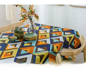 Close-up of geometric V-shaped triangle thick cotton canvas tablecloth with woven texture